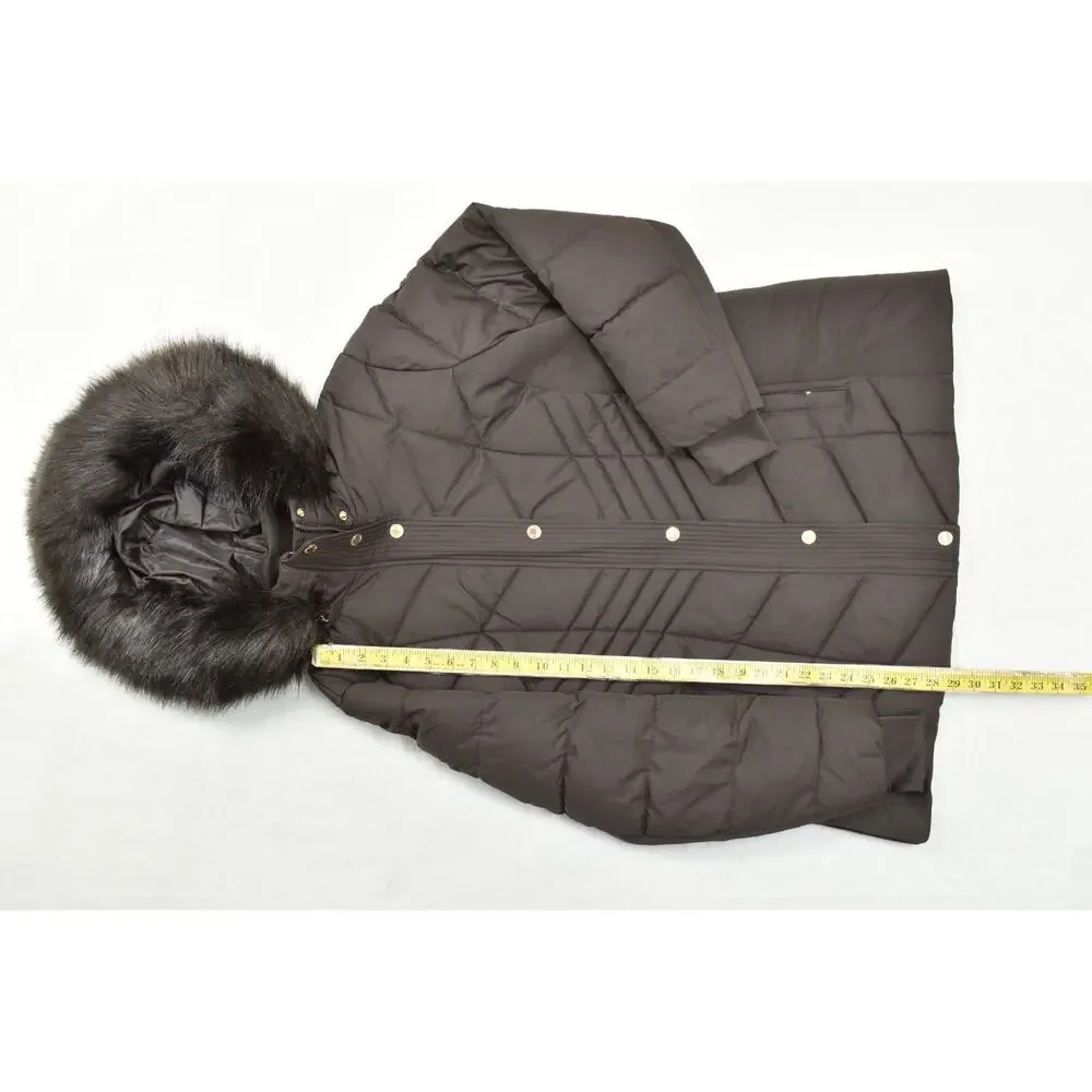 MICHAEL KORS Women 1X Brown Quilted Puffer Jacket Faux Fur Trim Hood Mid-Length